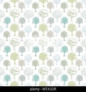 Vector pattern with trees and bushes on white background Stock Vector