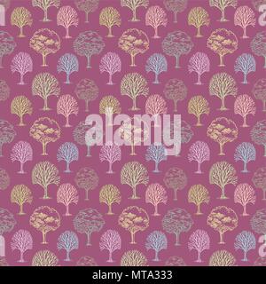 Vector pattern with trees and bushes on pink background Stock Vector