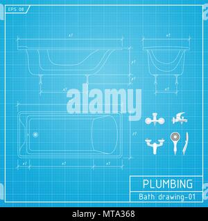 Bath outline. Front, side and top view. Vector illustration on blueprint background Stock Vector