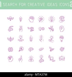 Line icons collection of human brain process, people thinking, emotions, mental health, creative process, business solution, character experience, str Stock Vector