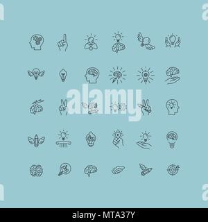 Line icons collection of human brain process, people thinking, emotions, mental health, creative process, business solution, character experience, str Stock Vector