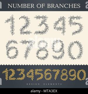 Digits and numbers with floral details in retro style Stock Vector