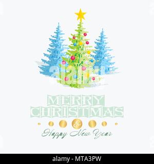 Christmas card template with green and blue christmas tree, decorations and star Stock Vector
