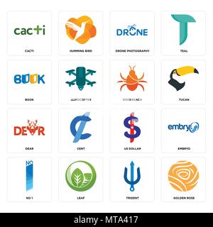 Set Of 16 simple editable icons such as golden rose, trident, leaf, no 1, embryo, cacti, book, dear, cockroach can be used for mobile, web UI Stock Vector