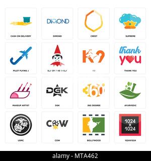 Set Of 16 simple editable icons such as 1024x1024, bollywood, cow, usmc, ayurvedic, cash on delivery, pilot flying j, makeup artist, k9 can be used fo Stock Vector
