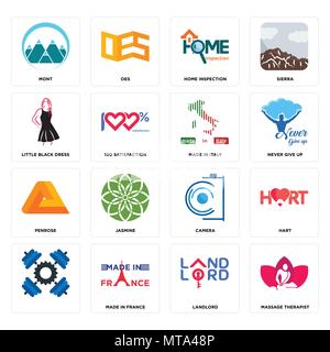 Set Of 16 simple editable icons such as massage therapist, landlord, made in france, , hart, mont, little black dress, penrose, italy can be used for  Stock Vector