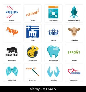 Set Of 16 simple editable icons such as cardiology, two hands, strike out, angel wing, sprout, rowing, , black bear, bridge can be used for mobile, we Stock Vector