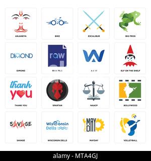 Set Of 16 simple editable icons such as volleyball, mayday, wisconsin dells, savage, bollywood, anjaneya, dimond, thank you, a & w can be used for mob Stock Vector