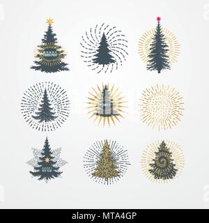 Vector illustration of different christmas trees with starburst Stock Vector