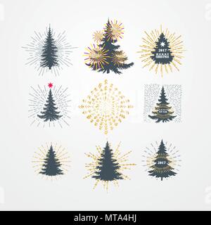 Vector illustration of different christmas trees with starburst Stock Vector