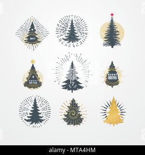 Vector illustration of different christmas trees with starburst Stock Vector