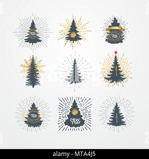 Vector illustration of different christmas trees with starburst Stock Vector