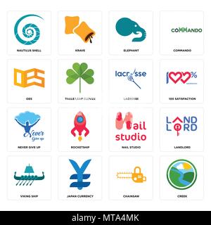 Set Of 16 simple editable icons such as creek, chainsaw, japan currency, viking ship, landlord, nautilus shell, oes, never give up, lacrosse can be us Stock Vector