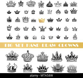 Vector heraldic elements design. A big set of black crowns. Hand drawn Stock Vector
