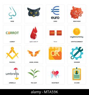 Set Of 16 simple editable icons such as id card, heartbeat, tea leaf, umbrella, spanner, nose, carrot, masonic, turn can be used for mobile, web UI Stock Vector