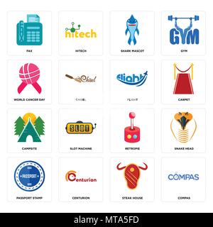 Set Of 16 simple editable icons such as compas, steak house, centurion, passport stamp, snake head, fax, world cancer day, campsite, flight can be use Stock Vector