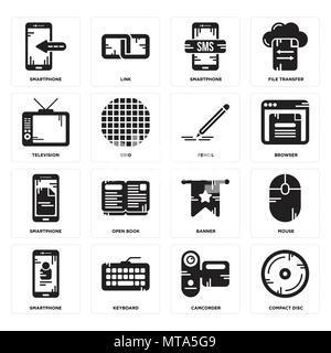 Set Of 16 simple editable icons such as Compact disc, Camcorder, Keyboard, Smartphone, Mouse, Television, Pencil can be used for mobile, web UI Stock Vector