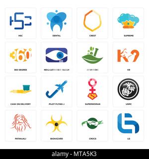 Set Of 16 simple editable icons such as lg, crocs, biohazard, patanjali, usmc, hsc, 360 degree, cash on delivery, ayurvedic can be used for mobile, we Stock Vector