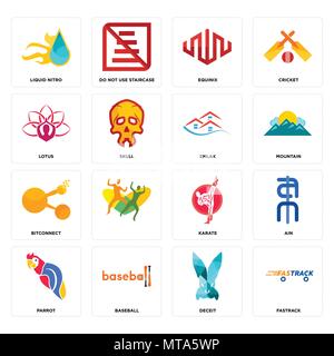 Set Of 16 simple editable icons such as fastrack, deceit, baseball, parrot, ain, liquid nitro, lotus, bitconnect, emlak can be used for mobile, web UI Stock Vector