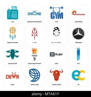 Set Of 16 simple editable icons such as ec, steak house, wire globe, dear, no 1, fax, dream catcher, quadcopter, milk company can be used for mobile,  Stock Vector