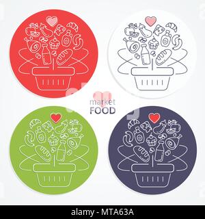 Set of shopping baskets with fruits, vegetables, cakes, meat, sausage, bread and milk. Stock Vector