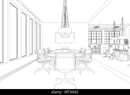 Interior Design big Office Room with desks custom Drawing Stock Photo