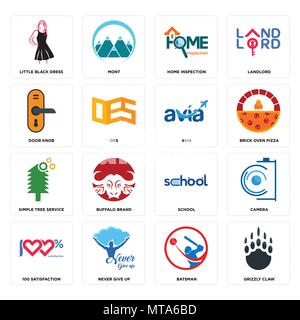Set Of 16 simple editable icons such as grizzly claw, batsman, never give up, 100 satisfaction, camera, little black dress, door knob, tree service, a Stock Vector