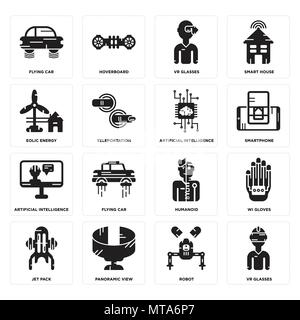 Set Of 16 simple editable icons such as Vr glasses, Robot, Flying car, Jet pack, Wi gloves, Humanoid, Hoverboard can be used for mobile, web UI Stock Vector