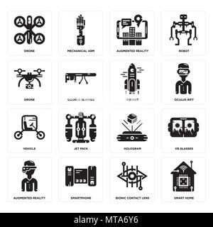 Set Of 16 simple editable icons such as Smart home, Bionic contact lens, Smartphone, Augmented reality, Vr glasses, Drone, Vehicle, Rocket can be used Stock Vector
