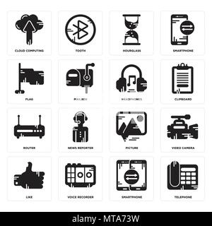 Set Of 16 simple editable icons such as Telephone, Smartphone, Voice recorder, Like, Video camera, Cloud computing, Flag, Router, Headphones can be us Stock Vector