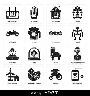 Set Of 16 simple editable icons such as Stethoscope, Vehicle, Renewable energy, Eolic Augmented reality, Smartphone, Motorbike, Hologram, Hoverboard c Stock Vector