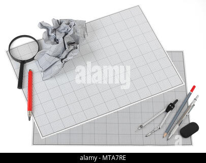 Still life photo of engineering graph paper with a pencils, compass, eraser and magnifier, blank to add your own design, image or text. Stock Photo