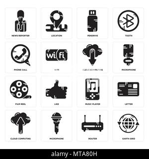 Set Of 16 simple editable icons such as Earth grid, Router, Microphone, Cloud computing, Letter, News reporter, Phone call, Film reel, computing can b Stock Vector