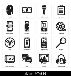 Set Of 16 simple editable icons such as Headphones, Picture, Chat, Voice recorder, Search, Mouse, Smartphone, Wifi, Music player can be used for mobil Stock Vector