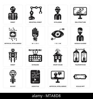 Set Of 16 simple editable icons such as Oculus rift, Artificial intelligence, Audio file, Rocket, Teleportation, Robot, Eye scan can be used for mobil Stock Vector