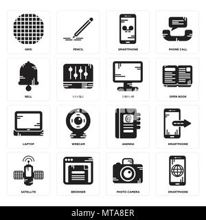 Set Of 16 simple editable icons such as Smartphone, Photo camera, Browser, Satellite, Grid, Bell, Laptop, Display can be used for mobile, web UI Stock Vector