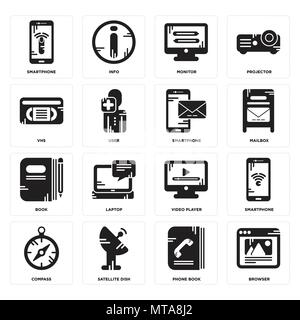 Set Of 16 simple editable icons such as Browser, Phone book, Satellite dish, Compass, Smartphone, Vhs, Book, Smartphone can be used for mobile, web UI Stock Vector