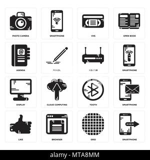 Set Of 16 simple editable icons such as Smartphone, Grid, Browser, Like, Photo camera, Agenda, Display, Router can be used for mobile, web UI Stock Vector