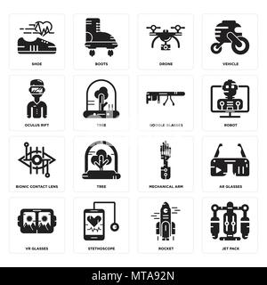 Set Of 16 simple editable icons such as Jet pack, Rocket, Stethoscope, Vr glasses, Ar Shoe, Oculus rift, Bionic contact lens, Google glasses can be us Stock Vector