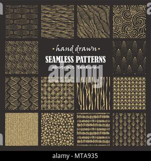 Set of seamless hand drawn marker and ink patterns. Abstract vector scratch textures with dots, strokes and doodles. Stock Vector