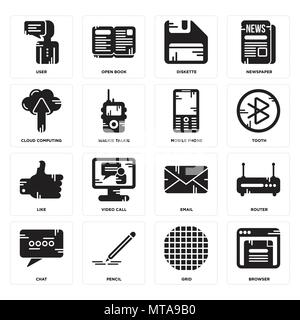 Set Of 16 simple editable icons such as Browser, Grid, Pencil, Chat, Router, User, Cloud computing, Like, Mobile phone can be used for mobile, web UI Stock Vector