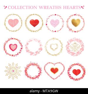 Set of frames made from hearts. Cute round borders with space for text. Collection wreaths hearts Stock Vector