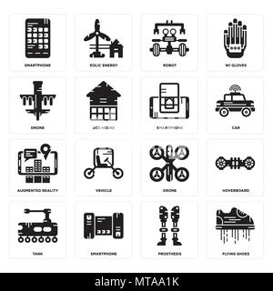 Set Of 16 simple editable icons such as Flying shoes, Prosthesis, Smartphone, Tank, Hoverboard, Drone, Augmented reality, Smartphone can be used for m Stock Vector