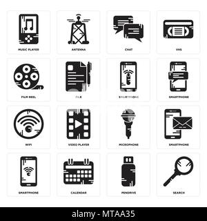 Set Of 16 simple editable icons such as Search, Pendrive, Calendar, Smartphone, Music player, Film reel, Wifi, Smartphone can be used for mobile, web  Stock Vector