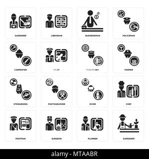 Set Of 16 simple editable icons such as Gardener, Plumber, Surgeon, Postman, Chef, Carpenter, Stewardess, Taxi driver can be used for mobile, web UI Stock Vector