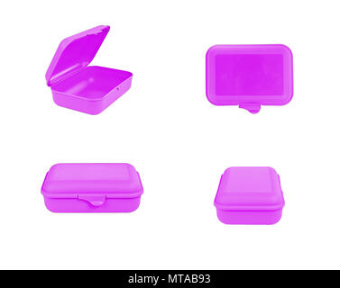 Pink plastic box package isolated on white background. Front, top, side view Stock Photo