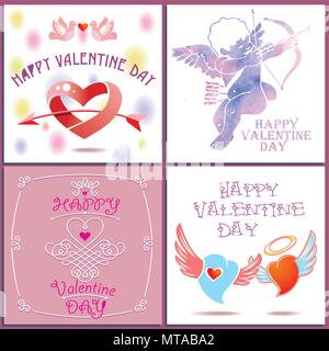 Happy valentines day cards with ornaments, hearts, ribbon, angel and arrow Stock Vector