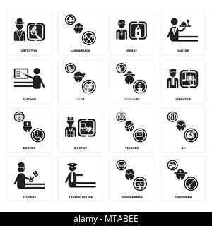 Set Of 16 simple editable icons such as Fisherman, Programmer, traffic police, Student, DJ, Detective, Teacher, Doctor, Gardener can be used for mobil Stock Vector
