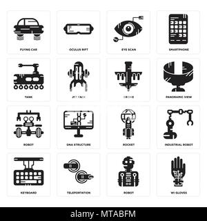 Set Of 16 simple editable icons such as Wi gloves, Robot, Teleportation, Keyboard, Industrial robot, Flying car, Tank, Drone can be used for mobile, w Stock Vector