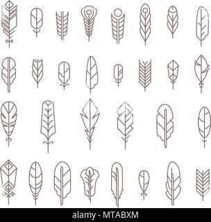 Graphical mono line feathers set. Design elements or linear signs Stock Vector